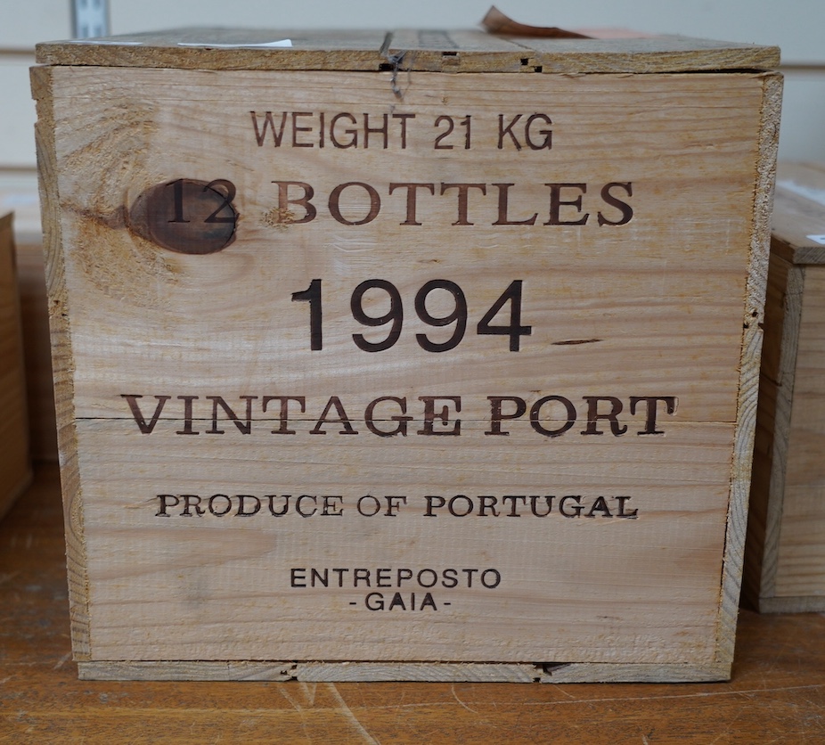 A sealed case of twelve bottles of 1994 Warres Vintage Port, in OWC, purchased en primeur from The Wine Society. Condition - good